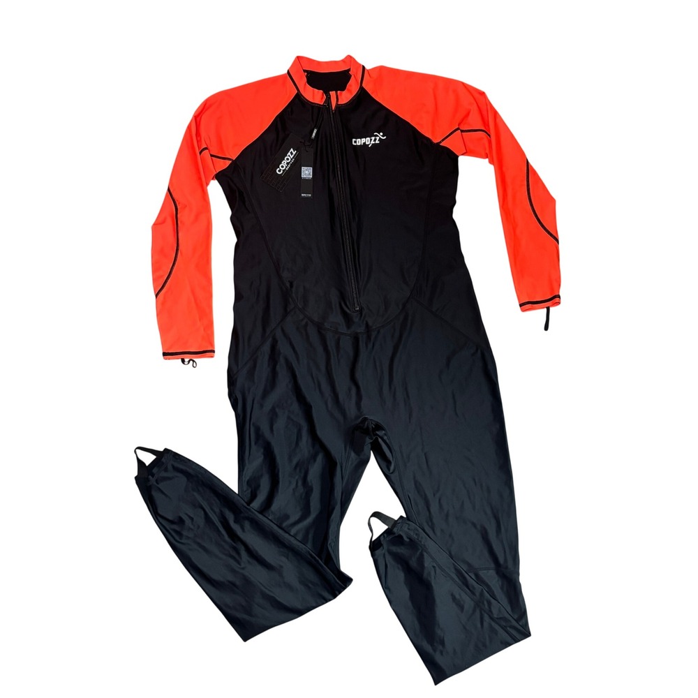 Copozz Full Body Rash Guard Wetsuit 3XL Black Neon Orange Long Sleeve Stirrup
